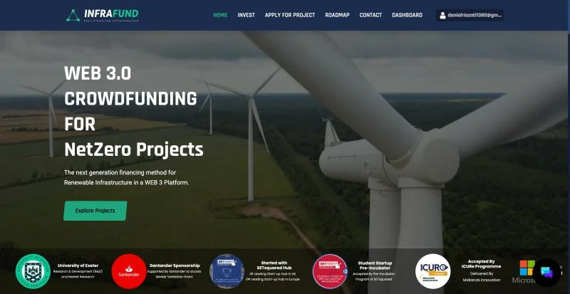 The InfraFund platform home page, a Web3 crowdfunding site for NetZero projects